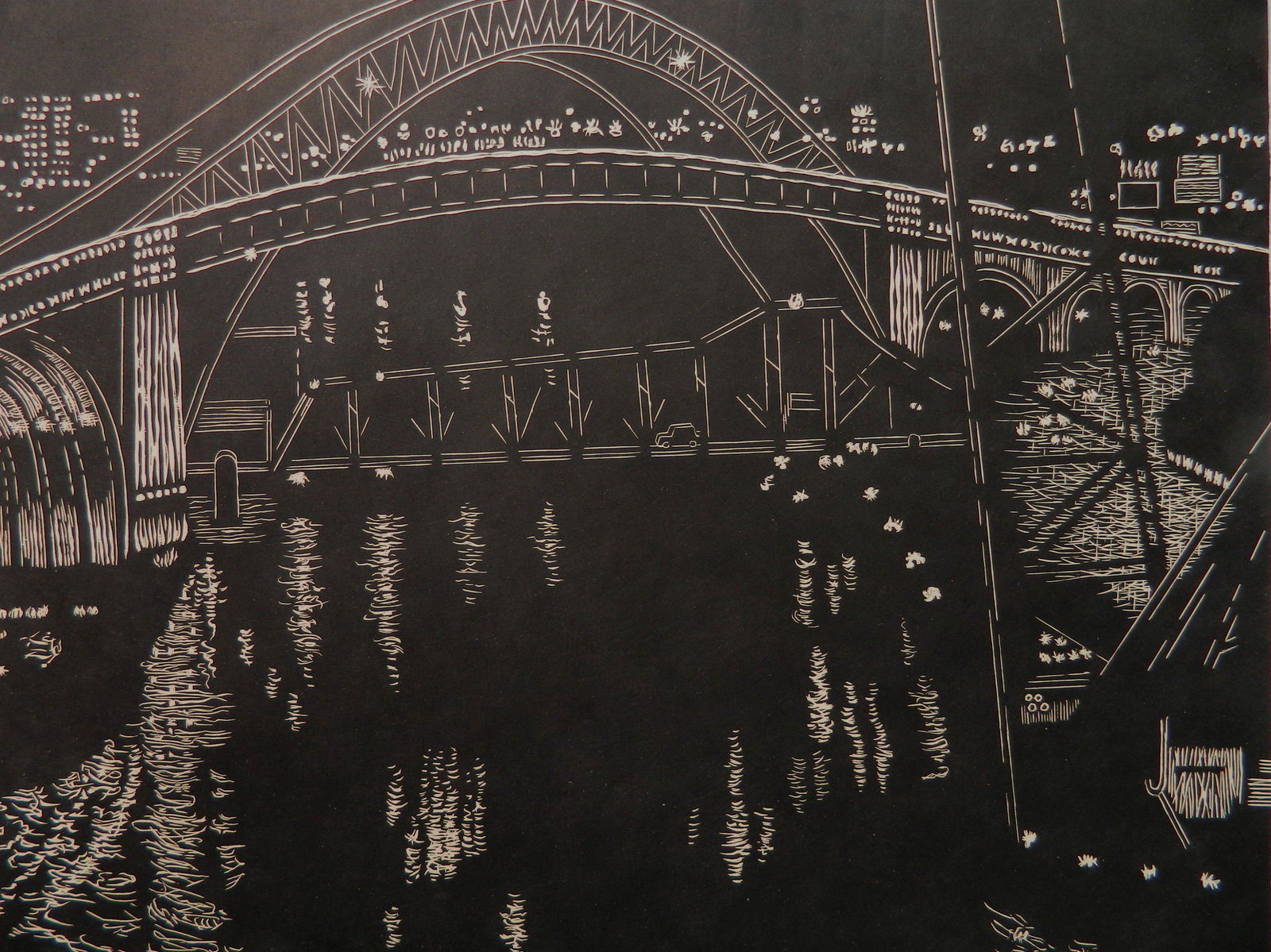 Yvonne Jacquette woodcut: Yvonne H. Jacquette (American 1934- ) ''Bridges Over Cuyahoga River, Cleveland''- woodcut, 1999, signed and dated in pencil in the image, edition of 250, The Print Club of Cleveland publication no. 78