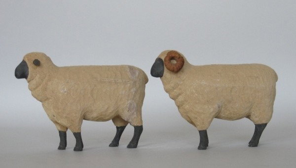 Michael Kluck wood sculptures: Michael Kluck (American 20th c.)- Sheep and Ram- 2 hand carved wood sculptures, 1988, both signed and dated on the bottom. 7''h ea.