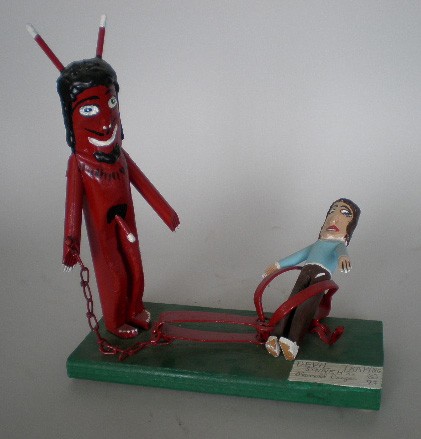 Ronald Cooper mixed media construction: Ronald Cooper (American 1931- )- ''Devil Traping Sinners''- painted mixed media construction, 1993, signed, titled and dated, very good condition. 14 x 12 x 5''