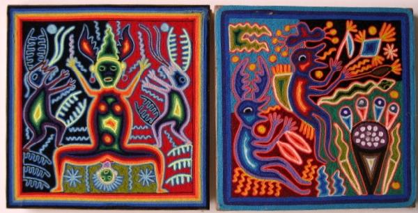 Jose B. Sanchez Huichol yarn painting: Jose Benitez Sanchez- ''Nierika'' and ''Tepehuano woman Giving Birth''- 2 Huichol yarn paintings, both signed annotated verso, very good condition. 11 3/4 x 11 3/4''