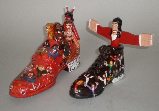 Ronald Cooper mixed media sculpture: Ronald Cooper (American 1931- )- ''Hell It Is'' and ''Little Angels''- 2 painted mixed media sculptures, 1998, 2000, both signed, titled and dated, very good condition. 7 1/4'', 6 1/2''