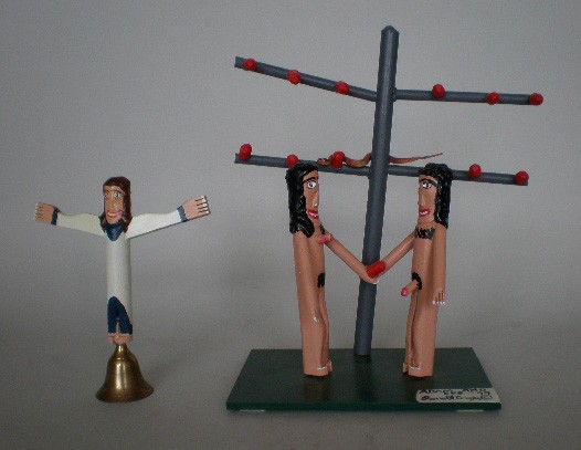 Ronald Cooper 2 wood sculptures: Ronald Cooper (American 1931- )- ''Adam & Eve''; ''Heaven Bell''- 2 painted wood sculpture, 1999, both signed and dated. 14''h, 9''h