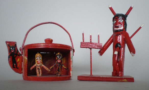 Ronald Cooper 2 wood constructions: Ronald Cooper (American 1931- )- ''Little Devil''; ''Hell's Melting Pot''- 2 painted wood constructions, 1993 and 1998, both signed, titled and dated. 7''h, 5 1/2''h