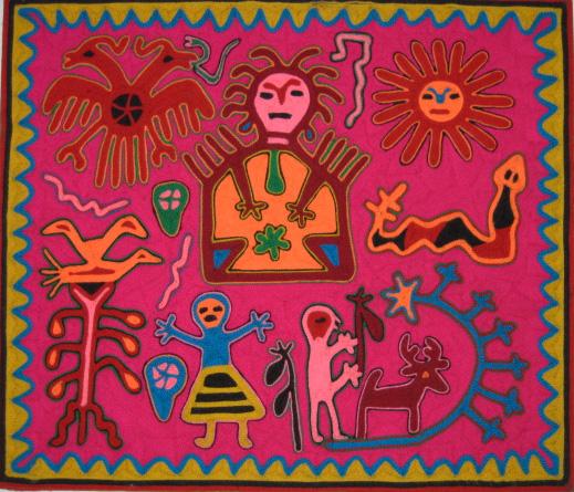 20th c. Mexican yarn painting: 20th c. Huicholes Indians- Human figures with Animals and the Sun- Nierikas (yarn painting), mounted on fiberboard, good condition. 20 1/4 x 24''