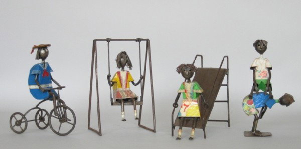 Manuel Felguerez 4 metal sculptures: Manuel Felguerez (Mexican 1928- )- Bicyclist; Girl on Sled; Leap Frog; Girl on Swing- 4 welded and painted metal sculptures, all signed. 9'' to 11''