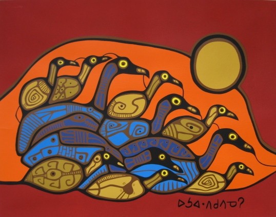 Norval Morrisseau silk-screens: after Norval Morrisseau (Canadian 1932-2007)- ''Serenity'' & ''Loon Family''- 2 silk-screens in colors, minor handling creases throughout. 26 x 20''; 30 x 25''