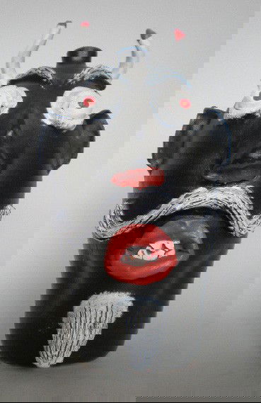 Charlie Brown pottery face jug: Charlie Brown (American 1949- )- Devil Face Jug- pottery painted black, red and white, 1988, signed 'Brown's / Pottery / Arden N.C./ Hand made / C-88', handle in back, very good condition. 17''h