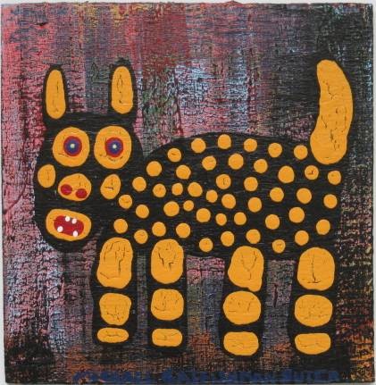 Michael ''Catfish man'' Suter painting: Michael ''Catfish man'' Suter (American 20th c.)- Black Dog with Yellow Spots- house paint on wood panel, signed along bottom, good condition. 12 x 12''
