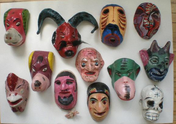 i10 Mexican and 2 Puerto Rican papier mache masks: 20th c. Mexican 12 papier mache masks- 1 Monkey, 1 Skeleton, 1 Rooster, 1 Old Male with Gold Tooth, 1 Devil, 2 dogs, 1 Male with Moustache, and 1 Male with Long Nose, etc; together with 2 Puerto Rican