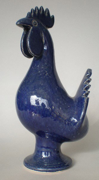 Edwin Meaders pottery Rooster: Edwin Meaders (American 20th c.)- Rooster- pottery with blue glaze, 1990, signed 'Edwin Meaders 4-14-1990' on bottom. 16''h