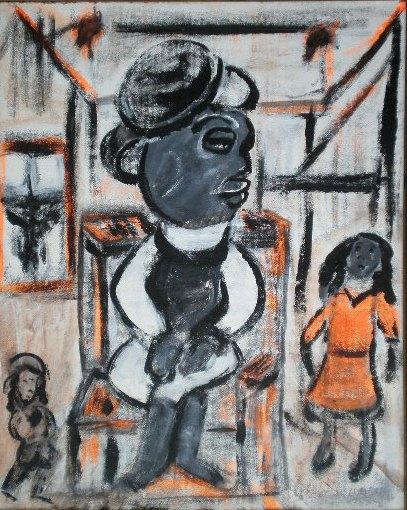Albert Wagner acrylic painting: Albert Wagner (American 1914-2006)- ''Daddy Do Little''- acrylic on fiberboard, signed 'Albert Wagner' lower right, titled verso, very good condition. 19 1/2 x 15 1/2''