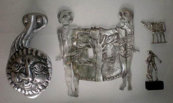 Don Drumm door knocker: Don Drumm (American 1935- ) door knocker- and 2 small sculptures; together with an L. Drumm light switch cover.