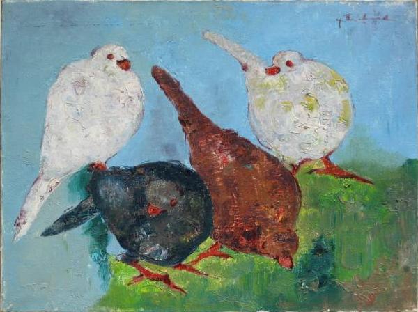 Yves Michaud oil painting: Yves Michaud (Haitian 20th c.)- Four Pidgeons- oil on canvas, signed 'Y. Michaud' upper right, good condition. 12 x 16''