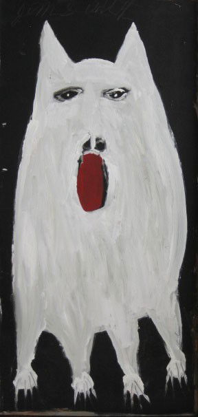 Jimmie Lee Sudduth mud painting: Jimmie Lee Sudduth (American 1920-2007)- ''Toto-White Dog''- mud painting on board, signed Jim Sudduth upper center. 46 3/4 x 22 1/2'' Provenance: purchased from Larry Schlachter Art.