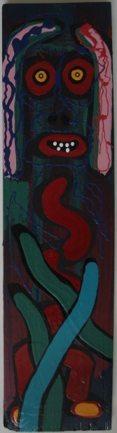 Michael ''Catfish Man'' Suter acrylic: Michael ''Catfish Man'' Suter (American 20th c.)- Spirit- acrylic on board, signed long side of board, very good condition. 21 9/16 x 5 1/2''