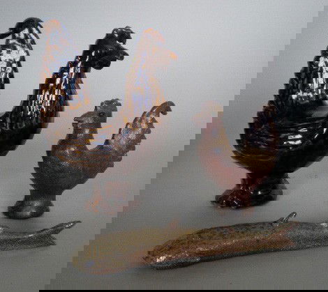 Jugtown potery animals: Jugtown pottery animals by Charles Moore, 2 chickens and 1 catfish, 1989 and 1990, all signed and dated, very good condition, various sizes.