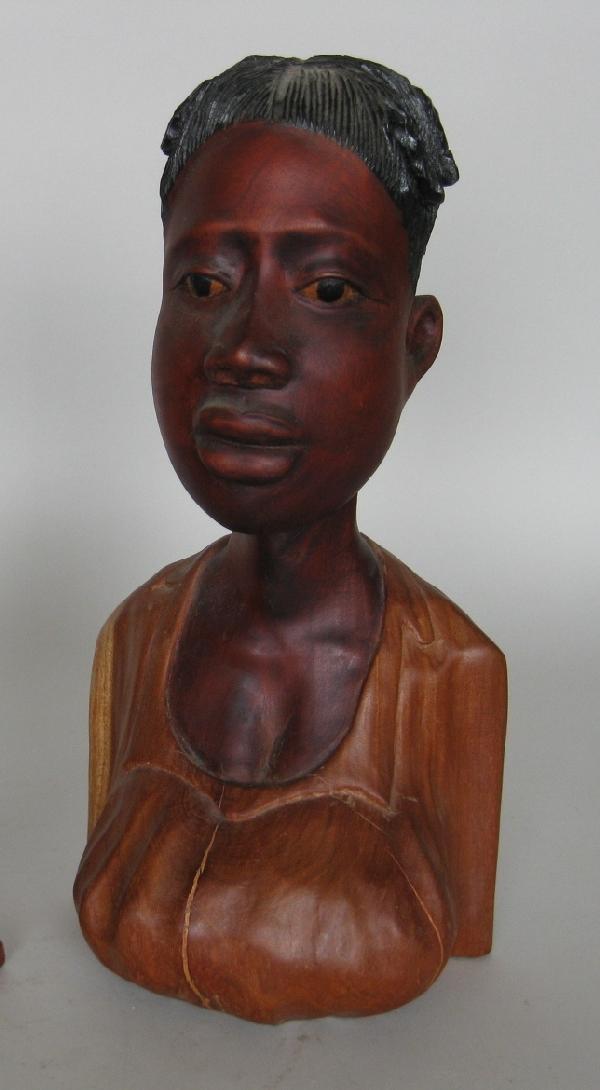 Emile Jean Louis mahogany sculpture: Emile Jean Louis (Haitian 20th c.)- Bust of a Woman- mahogany sculpture, signed on bottom, split in wood filled-in along side of head otherwise good condition. 13 1/2''h