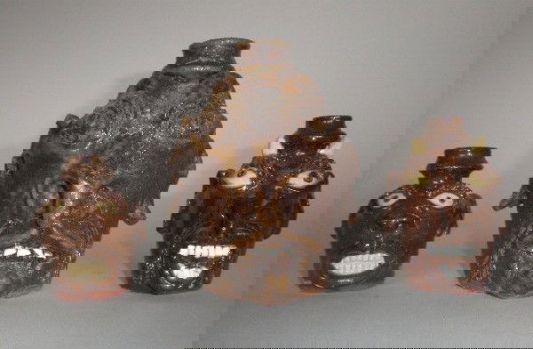 Billy Ray Hussey face jugs: Billy Ray Hussey (American 1955- )- 3 face jugs, 1989, all 3 initialed B. H. on bottom , very good condition. 2 1/4, 4 3/4 and 2 1/2''h