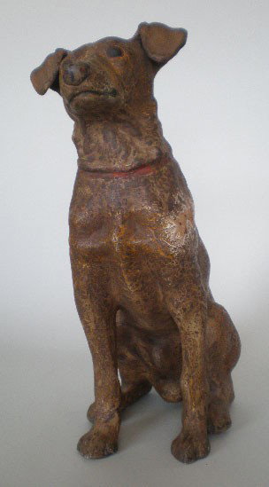 Mexican pottery dog money box: Mexican pottery dog money box, from Puebla- Male Fox Terrier with Red Collar- reattached front left paw. 19 3/4''h