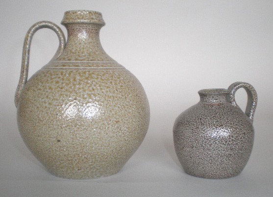 2 Salt glaze pottery jugs: 2 Salt glaze pottery jugs- 1.) Jugtown Pottery, 1990, by Vernon Owens, signed; 2.) Turn and Burn Pottery, signed. 6 1/2''ea