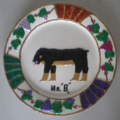 Jack Beverland painted plate: Jack ''Mr. B'' Beverland (American 1939- )- Rottweiler- paint on ceramic plate, 1997, signed 'September 1997 Jack Beverland' on back, signed 'Mr. B' recto, very good condition. 10 1/2''dia