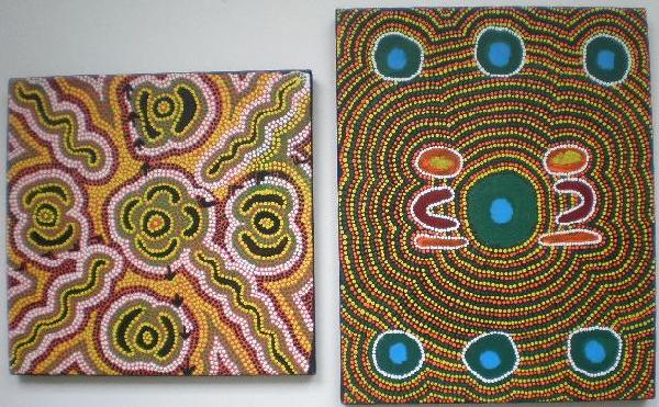 2 Aboriginal paintings: 2 Aboriginal paintings- Mary Seela- ''Emus at Waterhole''; and Linda Yandinalli- ''Women Hunting''- 2 acrylic on canvas, 1995 and 1996. 20 1/2 x 16 1/2'', 16 1/2 x 16''