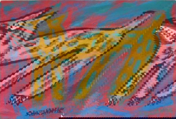 Cher Shaffer mixed media: Cher Shaffer (American 1948- )- ''Mad Dog''- mixed media, acrylic on canvas wrapped around wood, 1989, signed, titled and dated verso on canvas, good condition. 11 1/2 x 17 1/4''