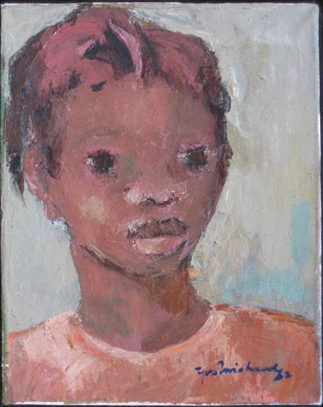Yves Michaud oil painting: Yves Michaud (Haitian 20th c.)- Young Girl- oil on canvas, 1982, signed and dated lower right, some small scrapes lower left, otherwise good condition. 10 x 8''