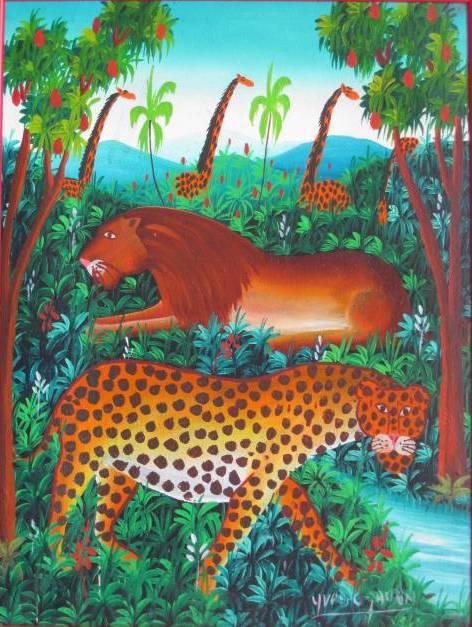 Yves Thurin oil painting: Yves Thurin (Haitian 20th c.)- Leopard, Lion and Giraffes in Jungle- oil on canvas, signed 'Yves C Thurin' lower right, good condition. 16 x 12''