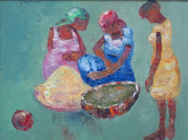 Yves Michaud oil painting: Yves Michaud (Haitian 20th c.)- ''Three Market Ladies''- oil on fiberboard, signed upper left, good condition. 11 3/4 x 15 5/8''