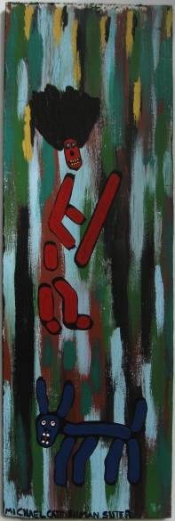 Michael ''Catfishman'' Suter 2 oil paintings: Michael ''Catfishman'' Suter (Americna 20th c.)- Untitled- 2 oils on wood, both signed ''Michael 'Catfishman' Suter'' lower left and lower right, slight splintering along top and bottom edges. 38 1/2 