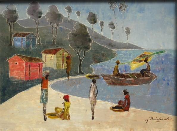 Yves Michaud oil painting: Yves Michaud (Haitian 20th c.)- Village on Beach- oil on fiberboard, signed 'Y. Michaud' lower right, good condition. 12 x 16''