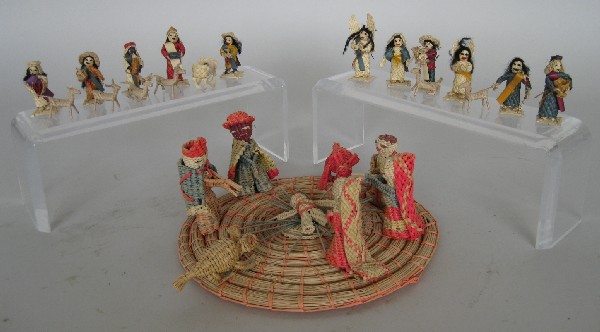 20th c. Mexican 2 woven straw Nativity sets: 20th c. Mexican 2 sets of Nativity figures, woven straw- 1 18-piece set and 1 8-piece set, secured to circular coiled mat, good condition. various sizes