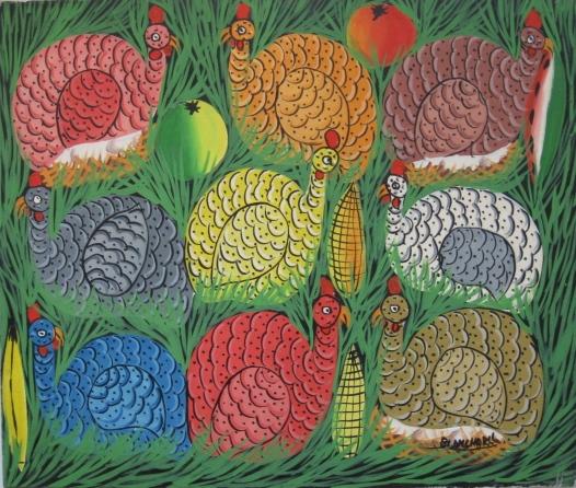 Sisson Blanchard oil painting: Sisson Blanchard (Hatian 20th c.)- Chickens- oil on canvas, 1982, signed lower right, good condition. 20 x 23 3/4''