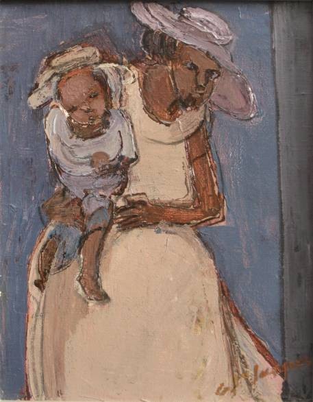 Carlo Jean Jacques oil painting: Carlo Jean Jacques (Haitian 20th c.)- Woman Holding Child- oil on canvas, signed 'C. Jn Jacques' lower right, good condition. 10 x 8''