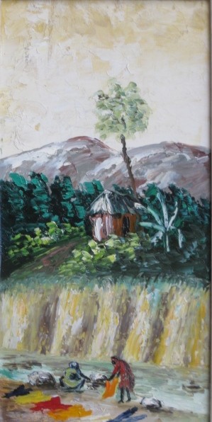 Charles Obas oil painting: Charles Obas (Haitian 1927-)- People Washing Clothes in River- oil on board, 1962, signed and dated lower left, good condition. 15 3/8 x 7 1/2''