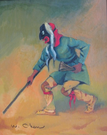 W. Chen oil painting: W. Chen (Haitian 20th c.)- Masked Man with Staff- oil on board, signed lower left, good condition. 19 3/8 x 15 1/2''