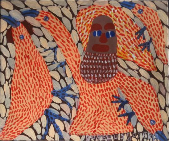 Jorelus Joseph oil painting on cotton: Jorelus Joseph (Hatian 20th c.)- Figure with Birds- oil on cotton cloth, signed 'Jorelus Joseph' lower right, good condition. 20 x 24''