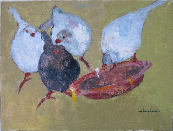 Yves Michaud oil painting: Yves Michaud (Hatian 20th c.)- Four Pidgeons with Dish- oil on canvas, signed 'Y. Michaud' lower right, good condition. 12 x 16''