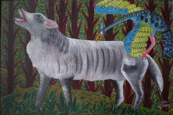 Roger Francois painting: Roger Francois (Haitian 20th c.)- Wolf and Bird- oil on canvas, signed lower right, very small puncture in canvas lower right, otherwise good condition. 24 x 36''