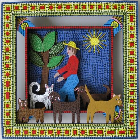 Elayne Goodman shadow box: Elayne Goodman (American 20th c.)- ''Walking the Dogs''- multi-dimensional shadow box, hand painted, good condition. 19 13/16 xc 19 3/4''
