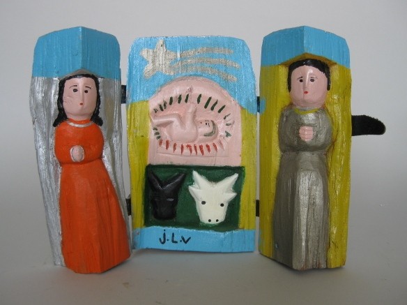 Jose L. Vargas wood triptych of Nativity: Jose L. Vargas- Nativity- hand carved and painted wood triptych, initialed J. L. V. at bottom. 9''h, 12''w