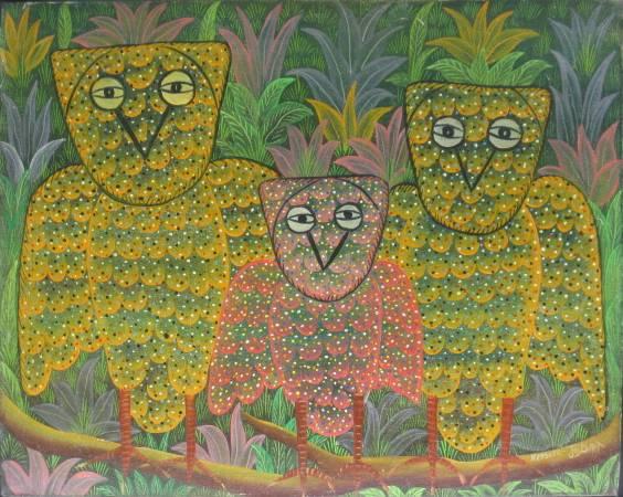 Kensler Jean Batiste oil painting: Kensler Jean Batiste (Haitian 20th c.)- Three Owls- oil on canvas, signed 'Kensler-Jn Bat', very minor scuff along bottom edge interior, otherwise good condition. 16 x 20''