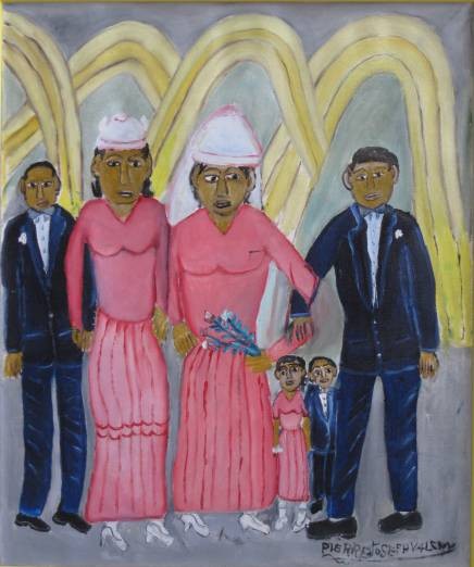 Pierre Joseph Valcin acrylic painting: Pierre Joseph Valcin (Haitian 1926-2000)- The Wedding- acrylic on canvas, signed 'Pierre Joseph Valcin' lower right, good condition. 24 1/2 x 20 1/2''