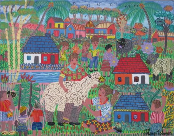 Jacques Valmidor acrylic painting: Jacques Valmidor (Haitian 20th c.)- Farm Scene- acrylic on canvas, signed lower right, very good condition. 14 x 18''