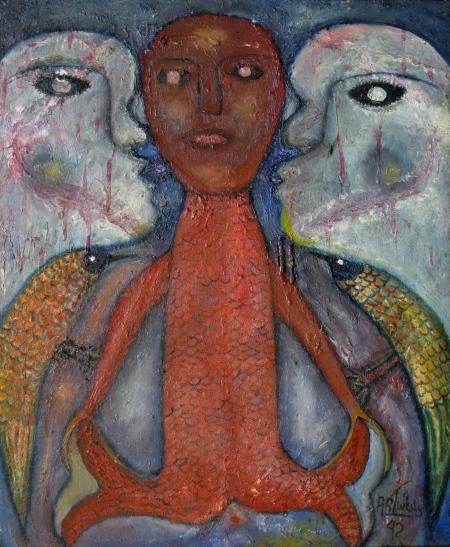 A. R. Twisly oil painting: A. R. Twisly (Haitian 20th c.)- Sirena with Spirits and Birds- oil on canvas, 1942, signed and dated lower right, good condition. 23 7/8 x 20''