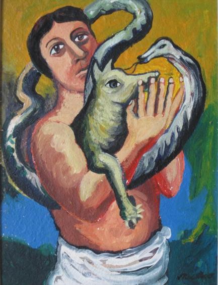 Miculco 2 gouaches: Miculco (Haitian 20th c.)- Man Holding Snake and Dog; ''Las Animes Del Purgatorio''- 2 gouaches on paper, both signed lower right, abrasions in left side of the image, good condition. 15 3/8 x 11 5/8'