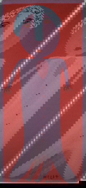 Mose Tolliver oil painting: Mose Tolliver (American 1919-)- ''Jig Jag Lady''- oil on pine panel, signed ''Mose T'', with backword 'S', titled at top verso, with original beer can pull tab attached to hang, good condition. 36 x 1