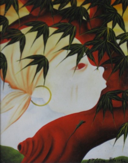 Jean Claude Hiliare oil painting: Jean Claude Hiliare (Haitian 20th c)- Tree with Face- oil on fiberboard, signed lower right, good condition. 9 3/4 x 7 3/4''