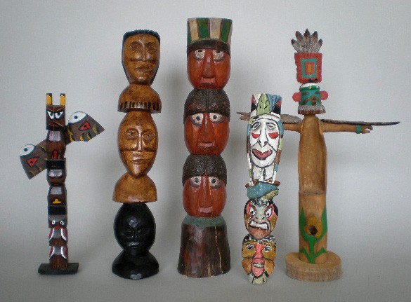 5 Wood totems: 5 Painted and carved wood totems- including David Van Schoor, 1984, 1 Hopi and 1 by Mr. Gusch, other 2 are unknown. 12 1/2'' to 17 1/2''
